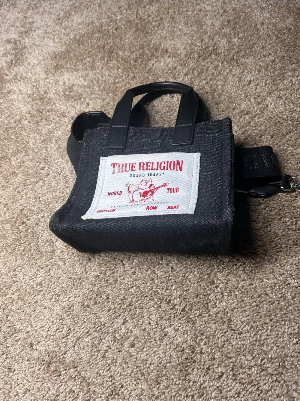 True Religion Black Canvas Mini Messenger Tote with White Logo Patch NEW